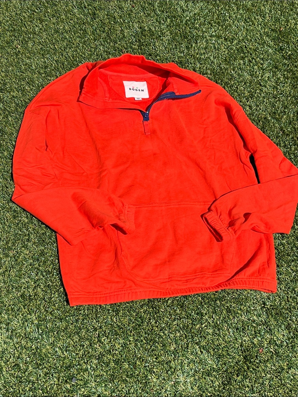 Mini Boden orange Quarter-Zip Pullover with Navy Zip and front pocket 13-14y